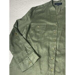 Linen Tunic Roll Tab Sleeve Sz X-LARGE 100% Linen Olive Green Shirt